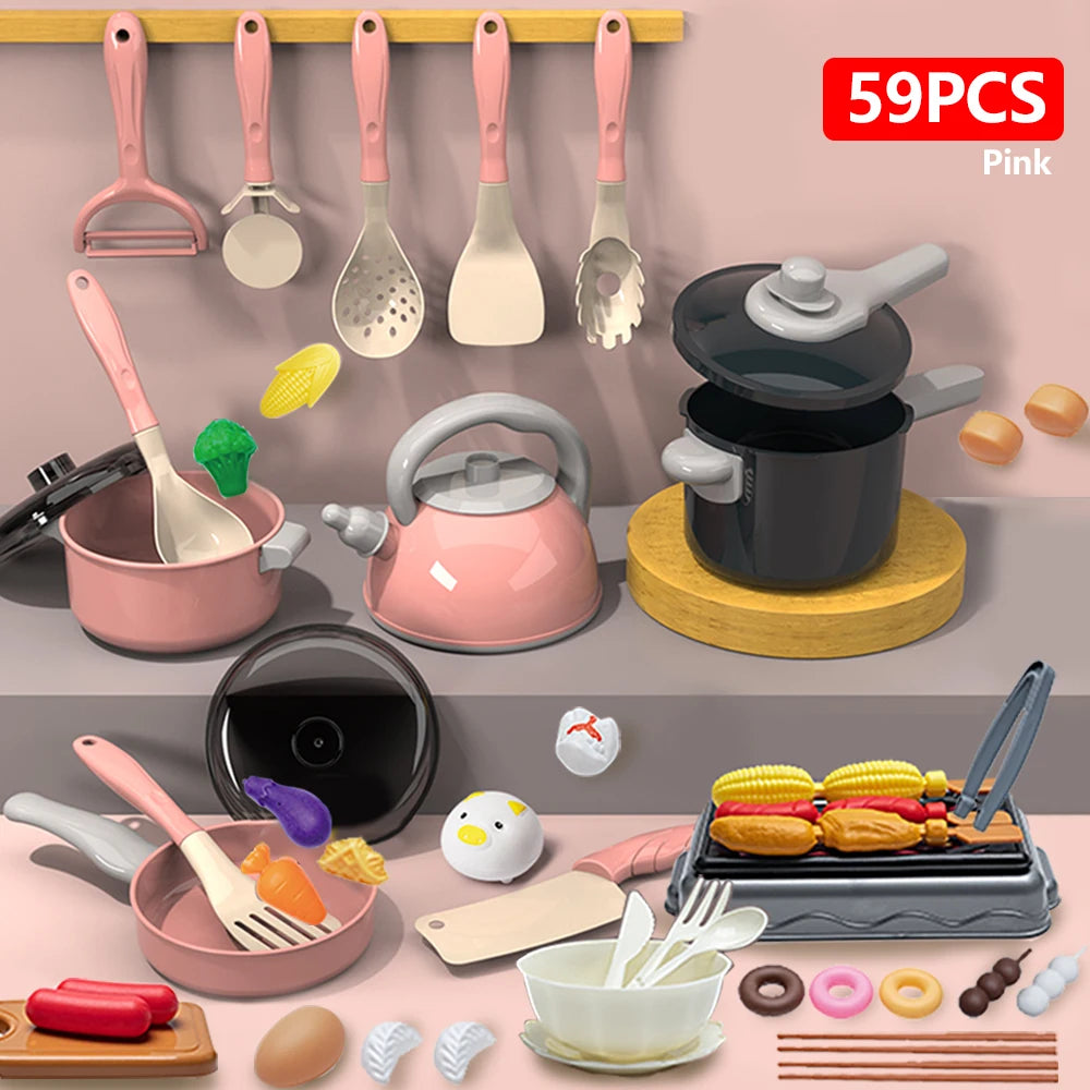 Kids Play Kitchen Toys Set Mini 92/69/59 PCS Pretend Cooking Food with Pots Pans Utensils for Toddlers Girls Boys Children Gift