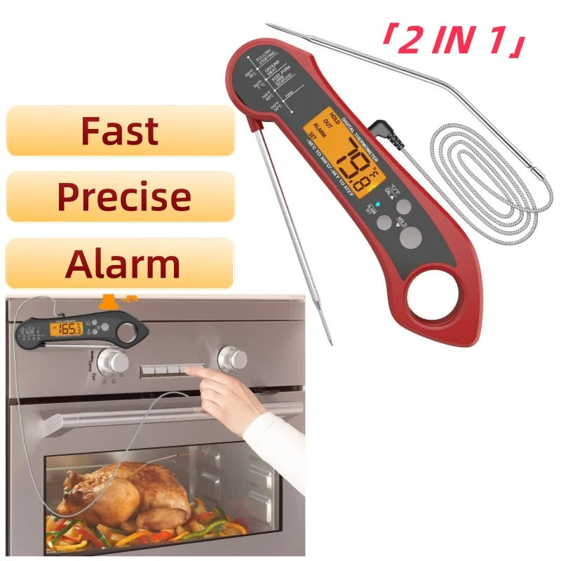 2 In 1 Long Cable Meat Thermometer Digital Waterproof Kitchen Cooking Tools Food Fast Measure Thermometer 2 Probes BBQ Grill Oil