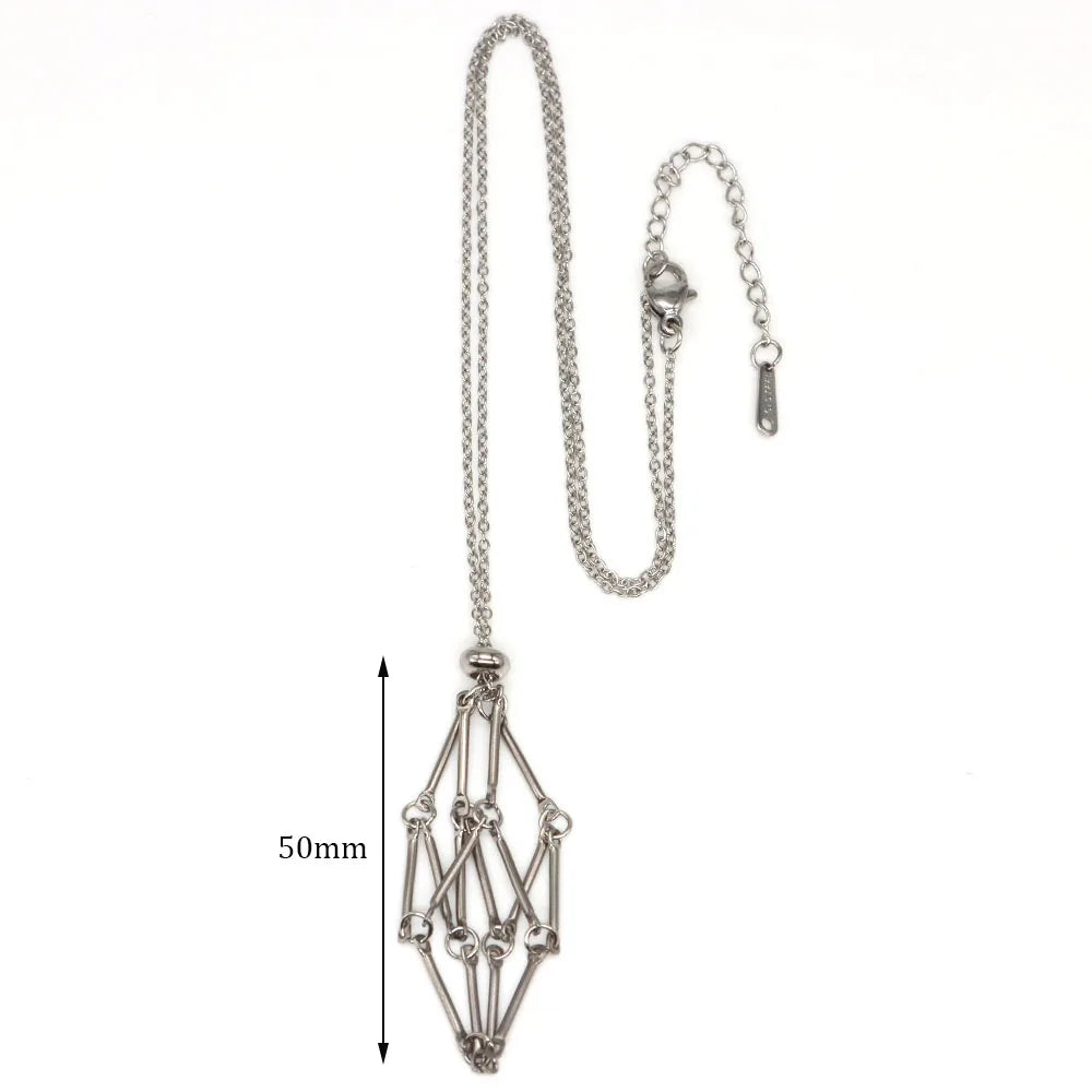 Crystal Cage Necklace Empty Stone Holder Wax Rope Stainless Steel Chain Adjustable Pendant Net Bag Natural Gem Jewelry Accessory
