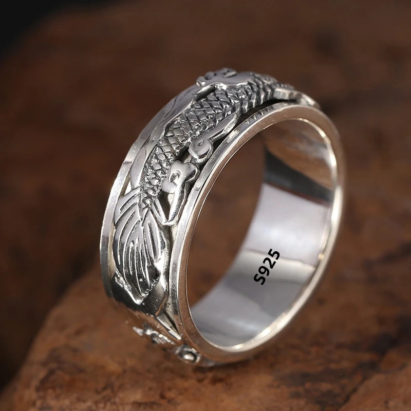 12mm Width Real S925 Sterling Silver Lucky Dragon Double Layer Rotatable Closed Dragon Ring For Man Woman Fiine Jewelry Gift