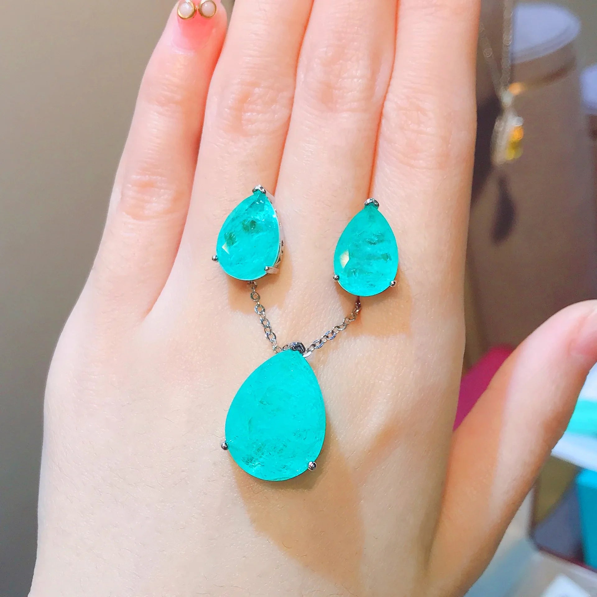 Silver Water-drop Shape Paraiba Tourmaline Gemstone Earrings Necklace Set for Women Temperament Ladies Trendy Vintage Jewelry