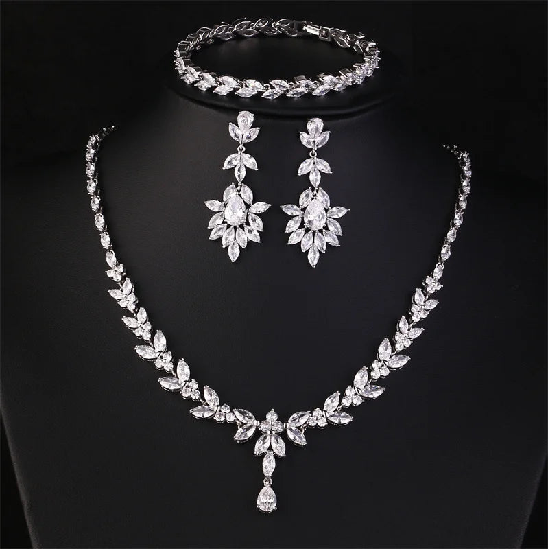 ZAKOL Luxury Cubic Zirconia Necklace Earrings Rings Set for Women Shinny Water Drop Leaf CZ Bridal Wedding Jewelry Sets