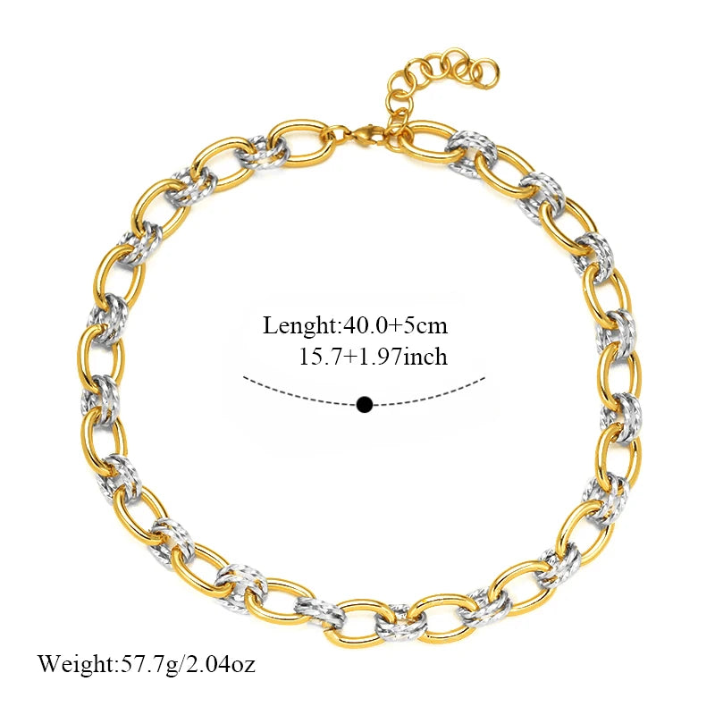 EILIECK 316L Stainless Steel Double Color Oval Necklace Bracelet Set For Women Hip-Hop Punk Twists Neck Chain Jewelry Gift