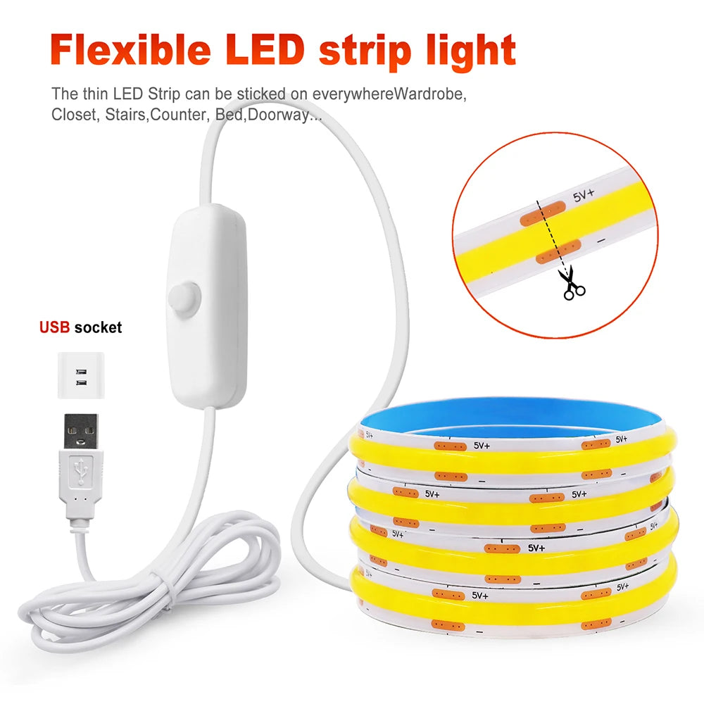 5V USB COB LED Strip Light 3Keys Touch Dimmable ON/OFF Switch Bright Red Green Blue Warm White 320LEDs Flex Ribbon Tape 8mm PCB