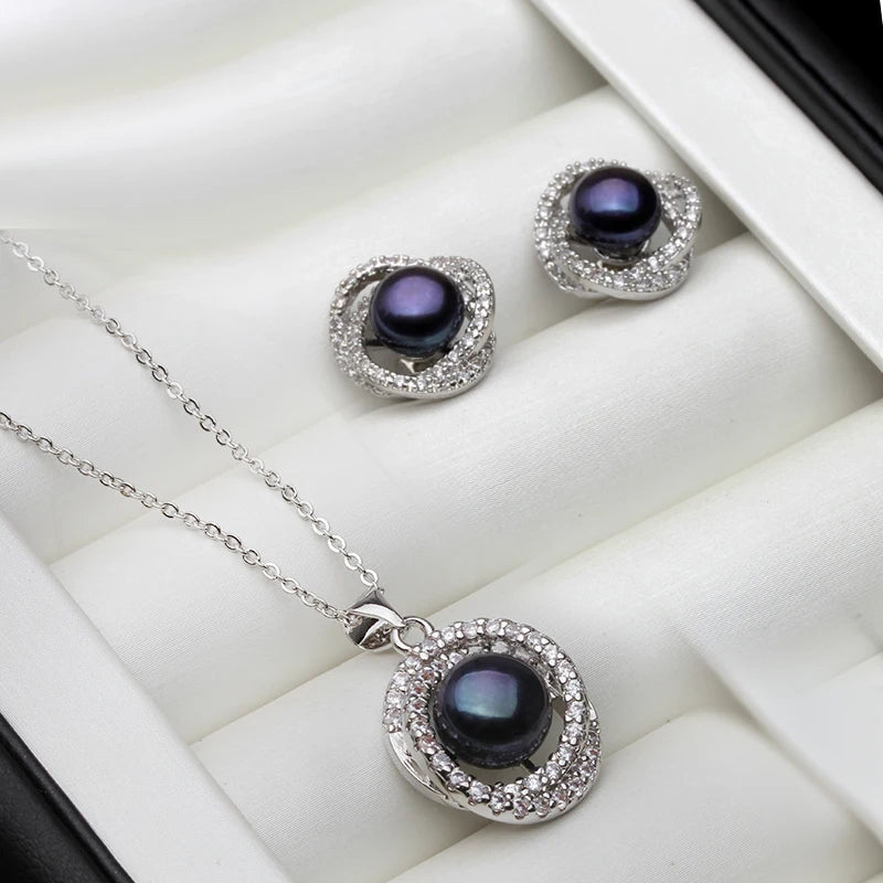 Real Cultured Natural Pearl Necklace Earring Set For Women,Elegant 925 Sterling Silver Pearl Earring Set Wife Anniversary White