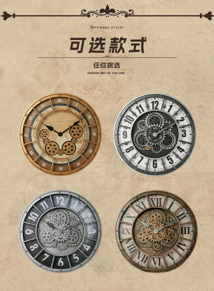 Retro Industrial Roman Wall Clock Gear Rotation Clock Living Room Decorative Wall Clock Stylish Silent Wall Clock Quartz Clock