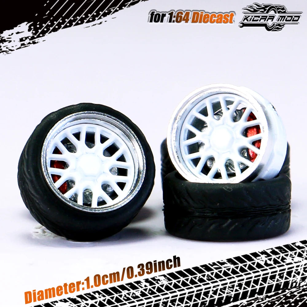 Kicarmod 1/64 Model Car ABS Wheels with Rubber Tire Brake Disc Metal Rims Diameter 10mm Refitting Parts For Model Car