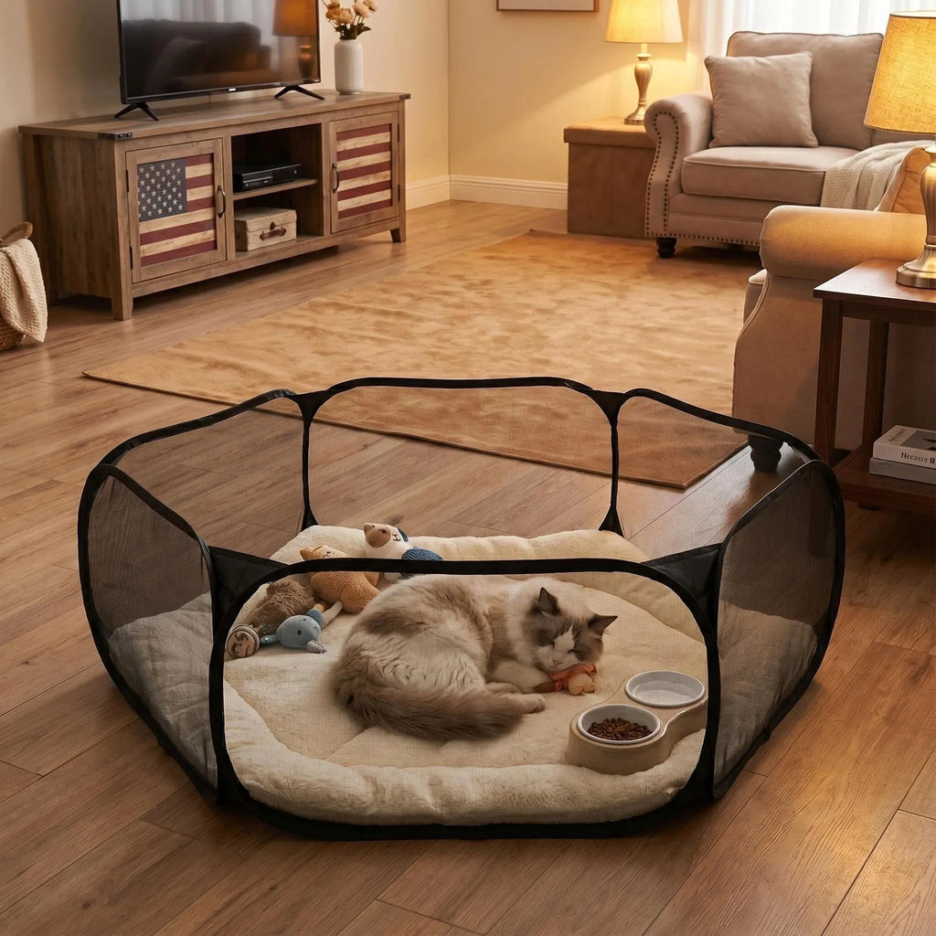 120cm Hexagon Small Pet Cage Portable Foldable Cat Dog Hamster Rabbit Guinea Pig Pet Playpen Open Fence Mesh Yard Garden Indoor