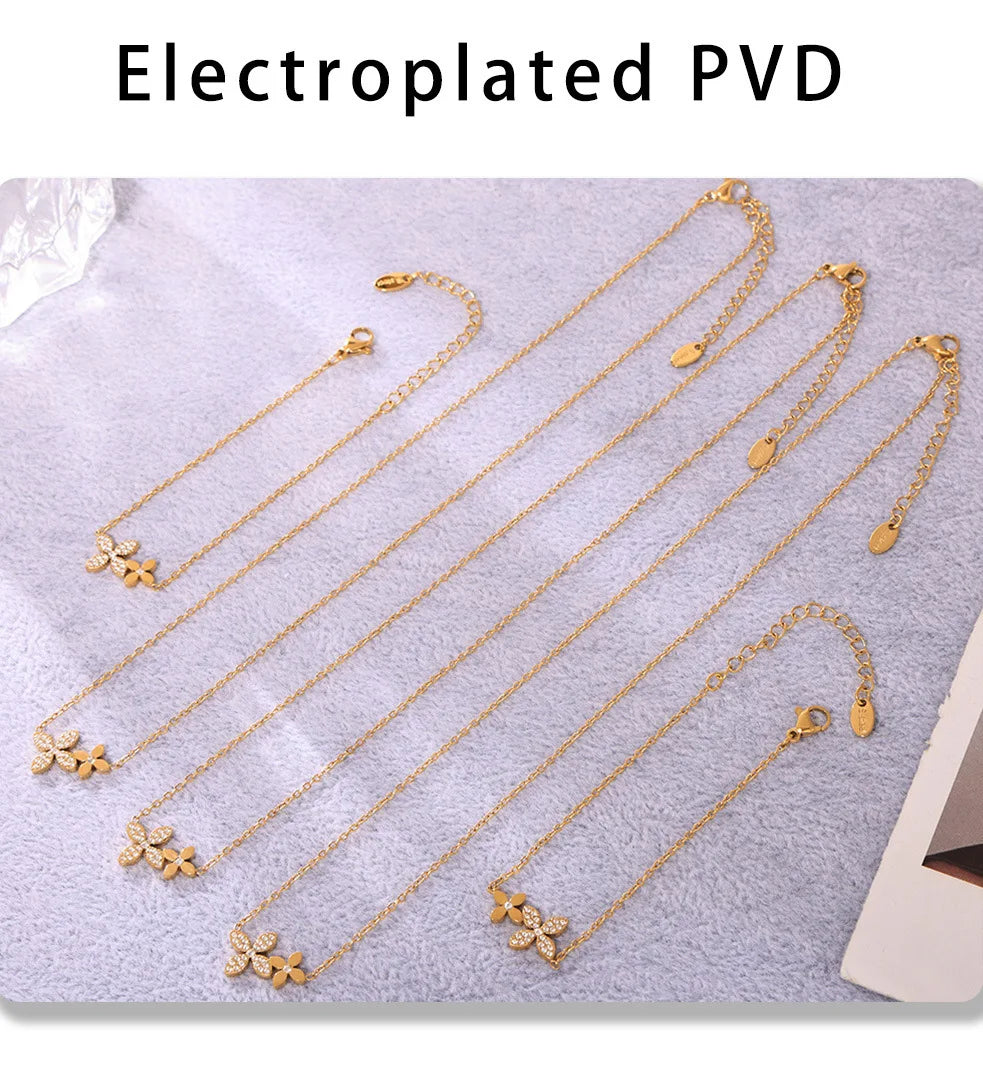 Necklace Bracelet For Women Stainless Steel Zircon Waterproof 4 Petals Flower Pendant Waterproof Chain Charm Jewelry Gift