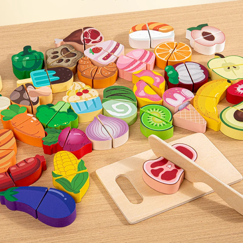 1pc Wooden Kitchen Pretend Play Food Cutting Toy with Storage Bag Suitable for Children 18 Months and Up