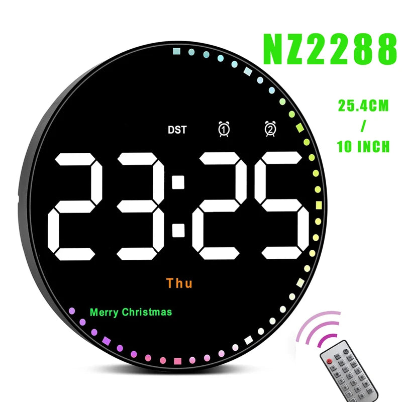 LED Wall Clock with Dual Alarms, Calendar and Temperature Display for Home Decoration. Brightness Adjustable