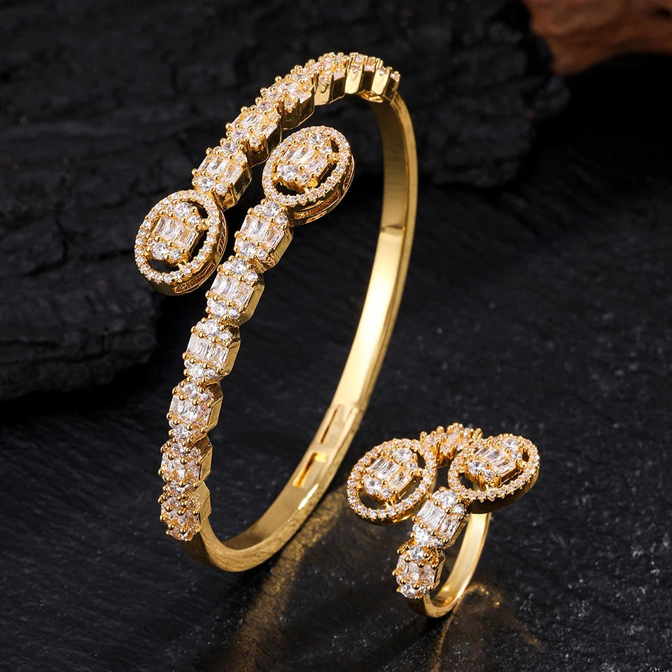 ZAKOL 9 Styles Golden Open Bracelet Ring Jewelry Set Geometric Shiny Zircon 18K Gold Plated Middle East Wedding Party Jewelry