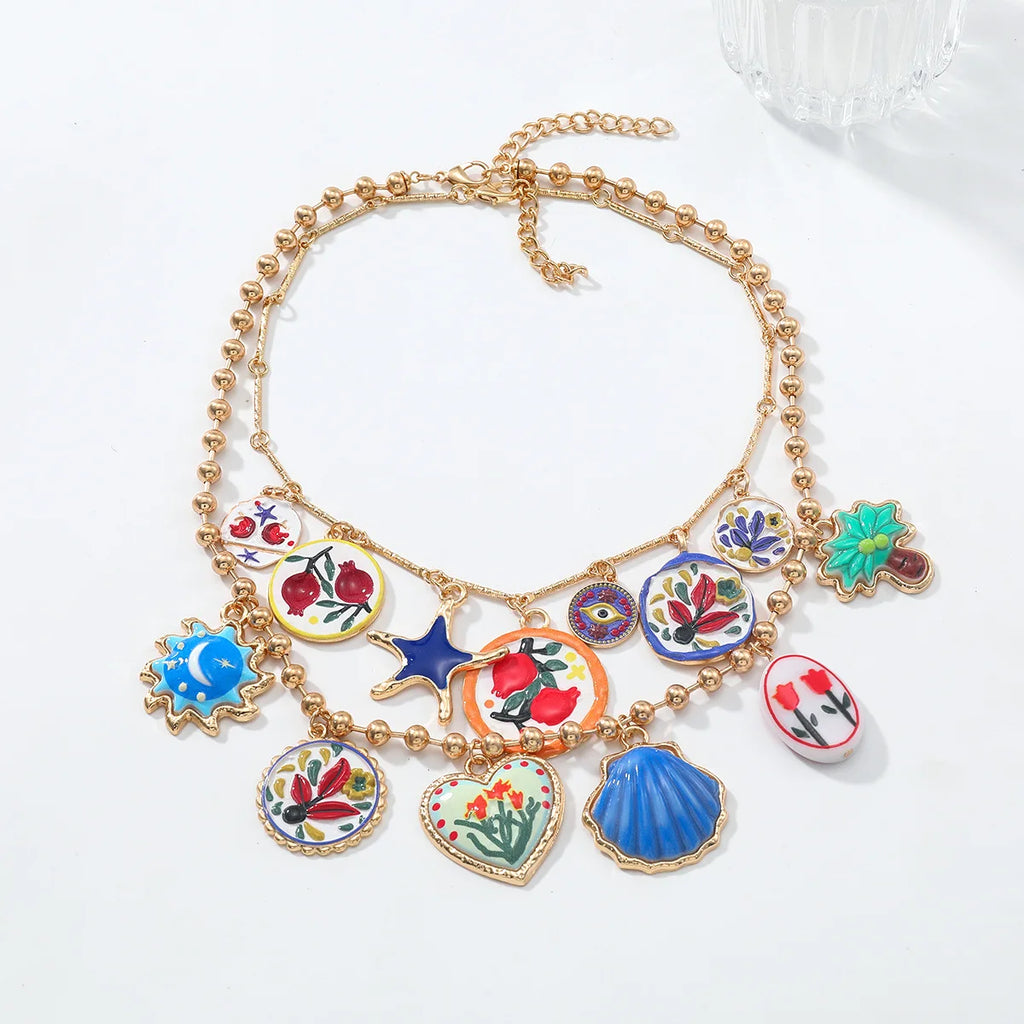 Personality Design Geometric Metal Painting Palm Tree Flower Pendant Necklaces for Women 2025 Trend Jewelry Neck Accessories