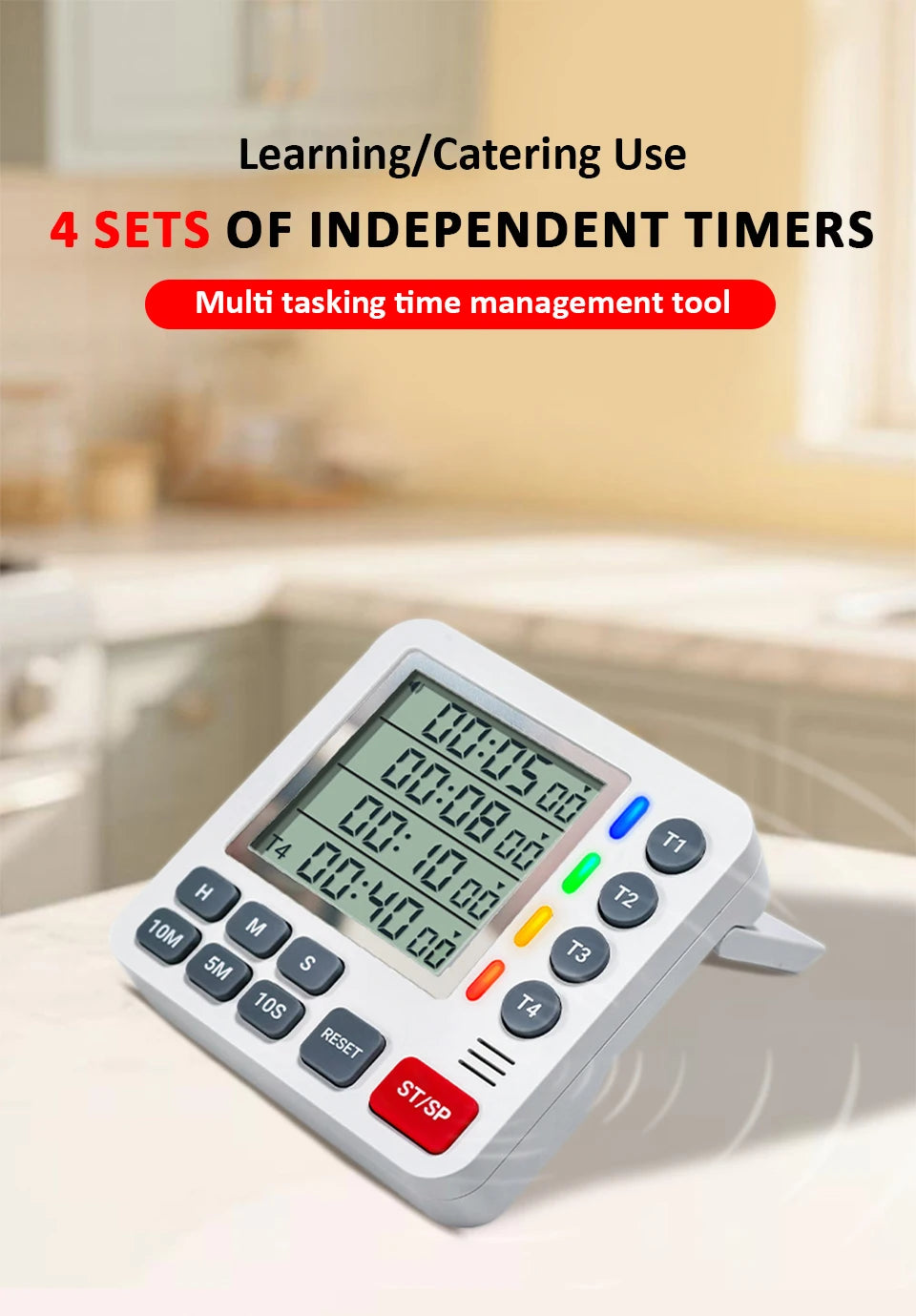 4 Channels Digital Timer Timing Kitchen Timer Learning/Catering Use LCD Display Mute Flashing Timer with Magnetic Back Stand