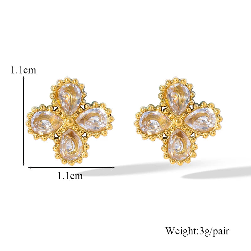 GANEMLY Stainless Steel  Sparkling White Zircon Flower Necklace Bracelet Earrings Set For Women Trendy Waterproof Jewelry Gift