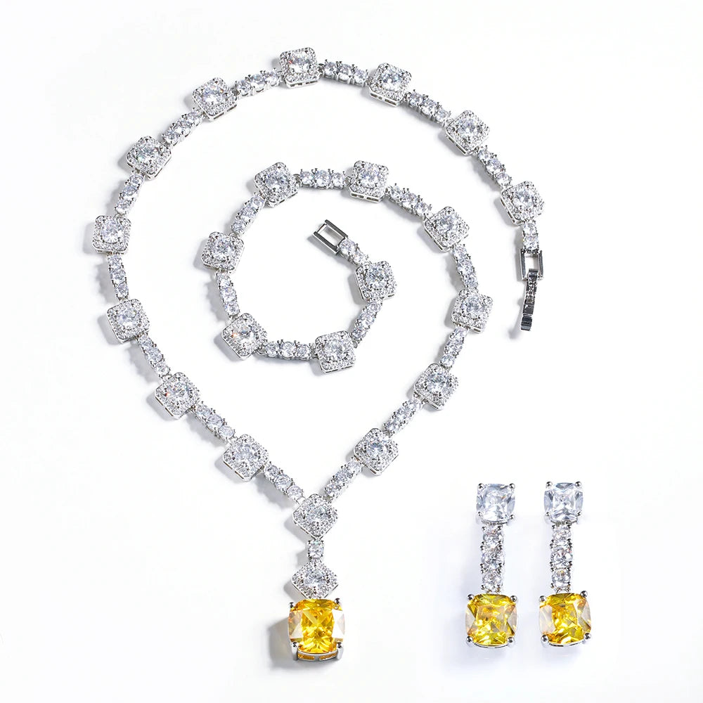 CWWZircons Super Shiny Big Square Yellow Zirconia Wedding Bridal Necklace Earrings Party Costume Jewelry Sets for Women T0726