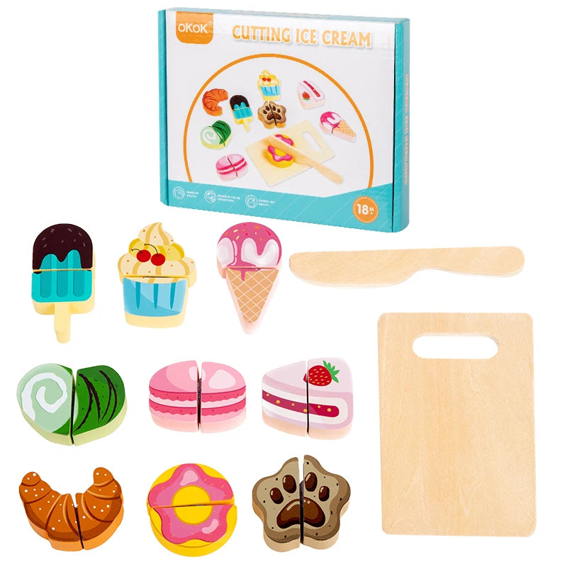 1pc Wooden Kitchen Pretend Play Food Cutting Toy with Storage Bag Suitable for Children 18 Months and Up