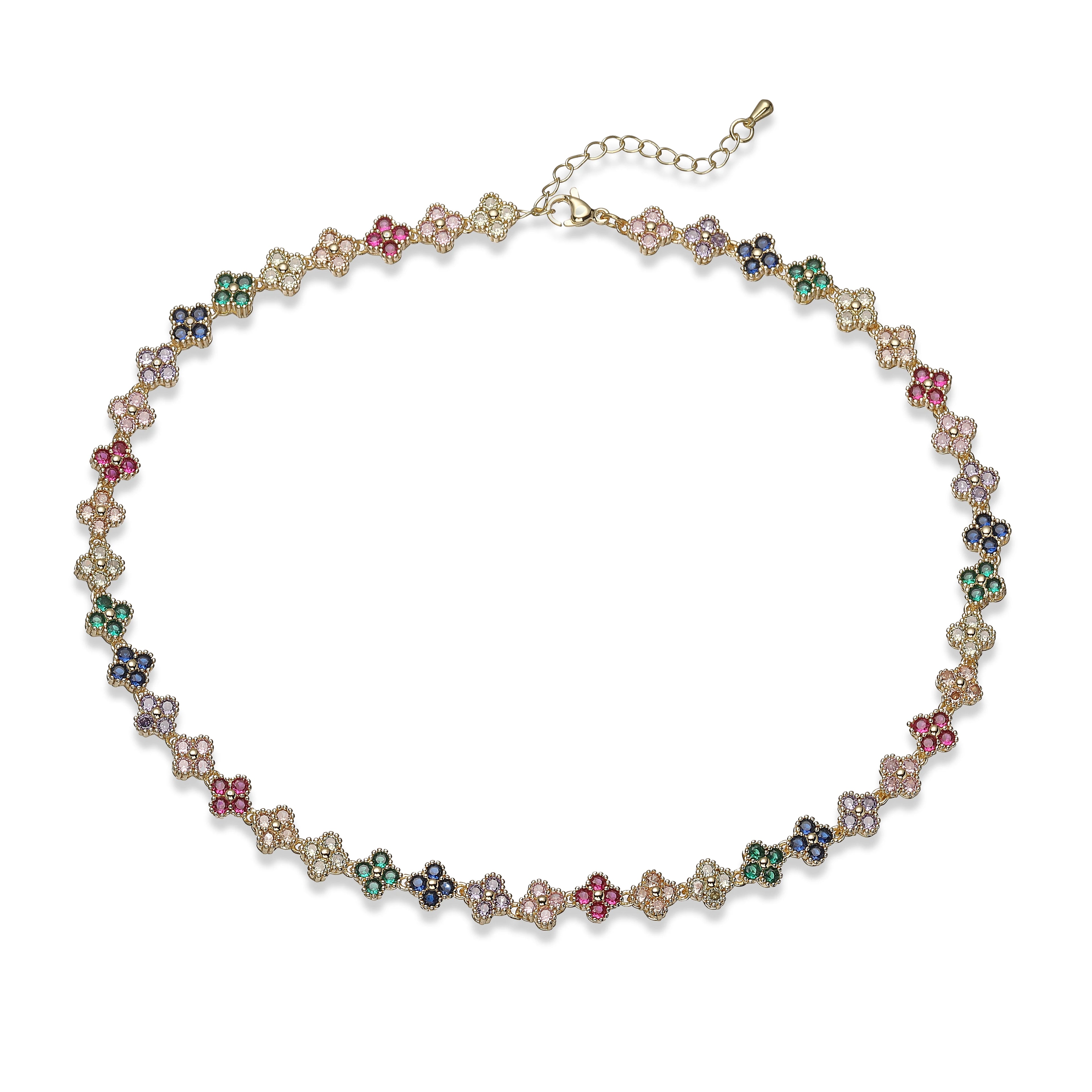 HECHENG, Bijoux Colorful Flower CZ Stone Brass Metal Bracelet/Necklace,Lobster Clasp, Adjustable, Minimalist Romantic Jewelry