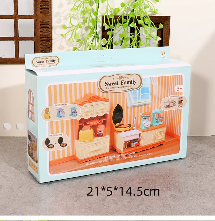 DIY Forest Family 1/12 Kitchen Furniture Bathroom Bedroom Bakeware Sets Miniature Model Dollhouse Accessories Refrigerator Gift
