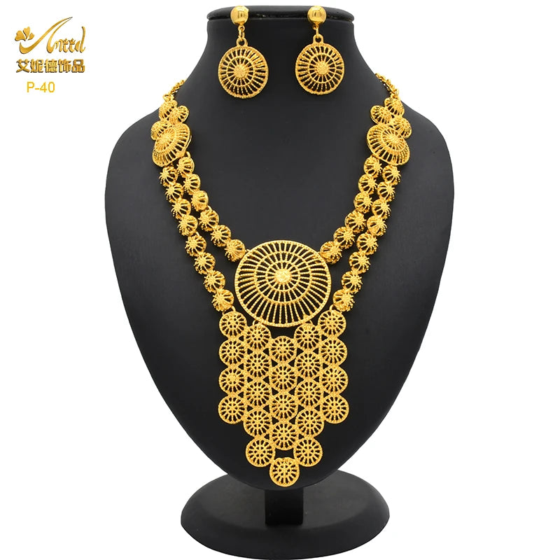 Dubai Indian Necklace Earrings Big Pendant Jewelry Set Gold Color For Women Nigeria African Bridal Wedding Party Jewellery Gifts