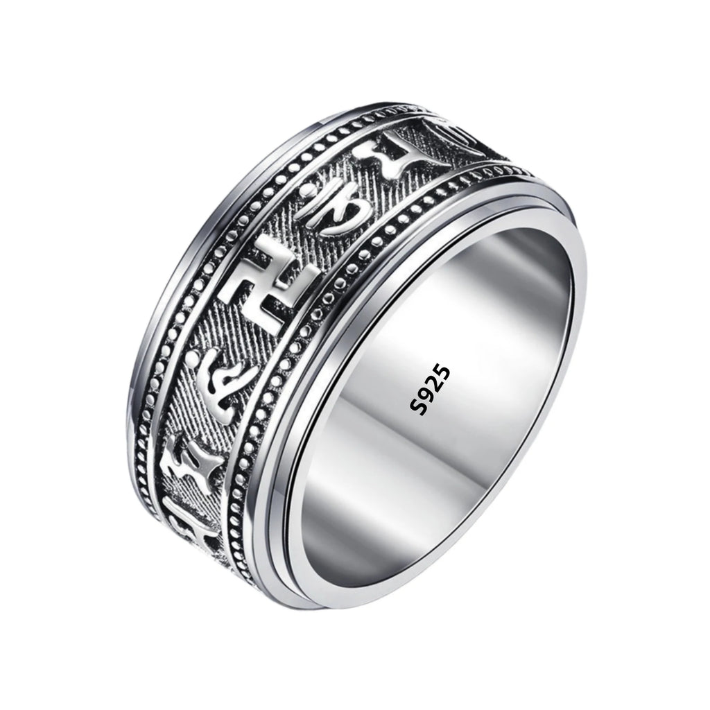 S925 Sterling Silver Ring Men Women Retro Buddhist Six-Character Great Mantra Ring Male Female Amulet Jewelry Exquisite Gift