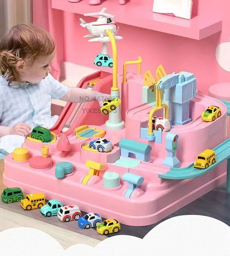 Hot Racing Rail Car Tracks Toy Game for Children Kids Train Board Adventure Parking Mechanical Toy for Boy Age 3+ Birthday Gift