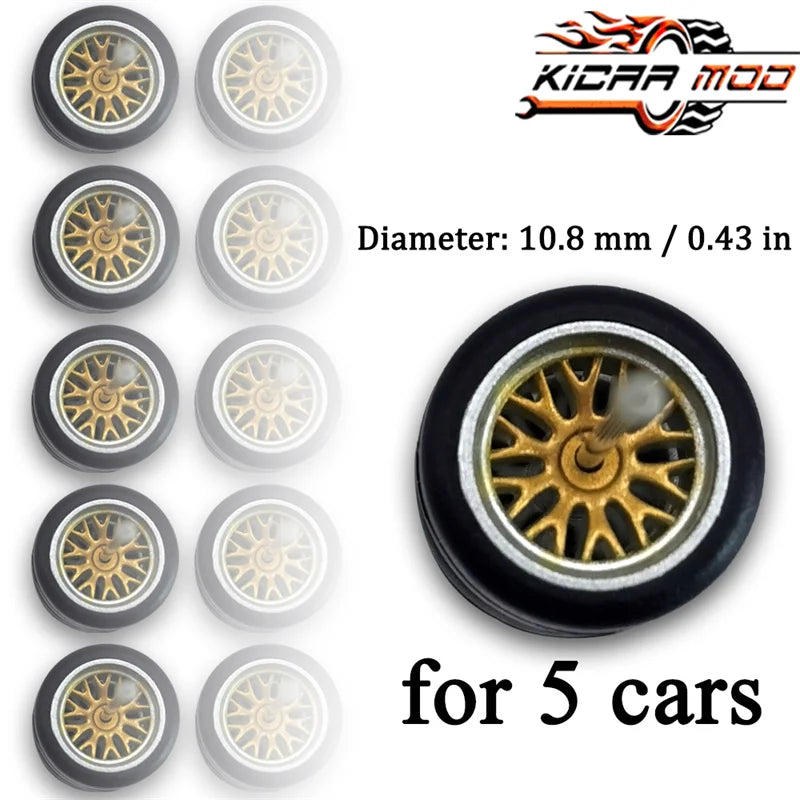 1/64 Wheels with Fixed Rubber Tires Branches Spoke for Toy Model Diecast Cars Refiting Parts for Hotwheels (5 sets for 5 Cars)