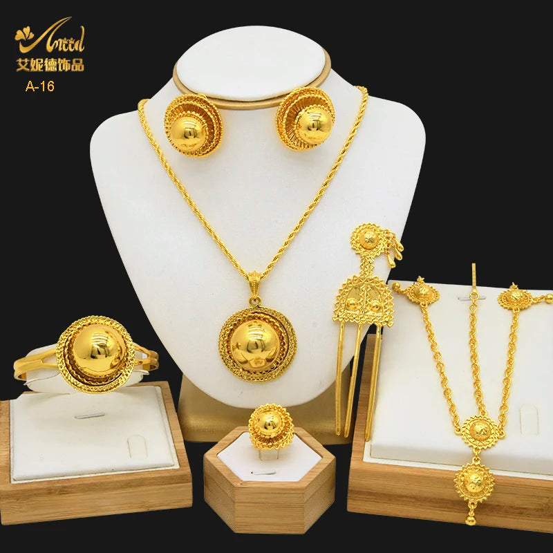 ANIID Ethiopian Gold Color 6pcs Jewelry Sets For Women Dubai Flower Shape Nigerian Luxury Necklace Jewellery Set Wedding Gifts