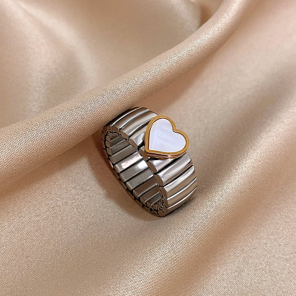 Greatera Elastic Force Stainless Steel Women's Ring Heart Pattern Fashion Colorfast Wide Design Valentine's Day Gift Jewelry