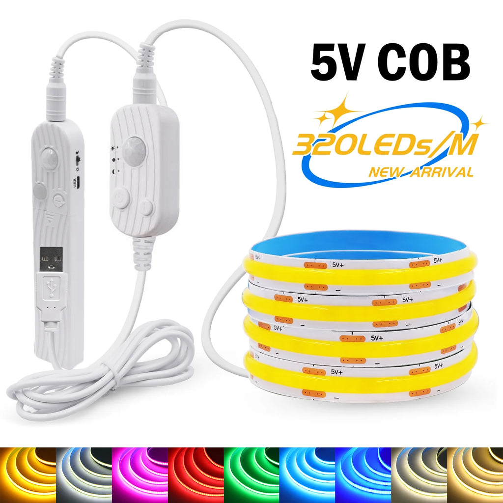 8MM COB LED Strip Light 5V 320LEDs/M Motion Sensor Dimmable Flexible LED Tape Ribbon USB/Battery Powered DIY Backlight for Room