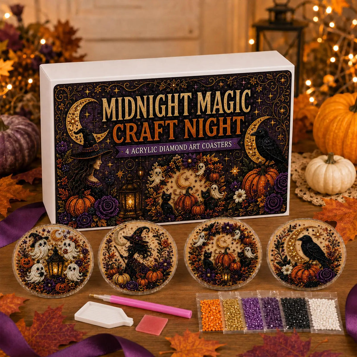 Halloween Pearl Painting Bead Kit DIY Ghost Witch Non-Slip Coaster Making Pearl Art Craft For Adults Beginners Party Holiday