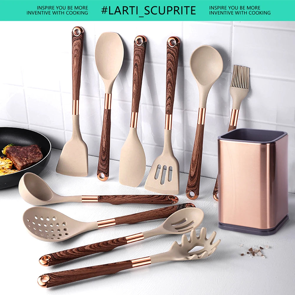 Gold Plated Handle Silicone Cooking Utensils Set Kitchen Non-stick Tool Gadgets BPA FREE Kitchenware Heat Resistant Spatula Set