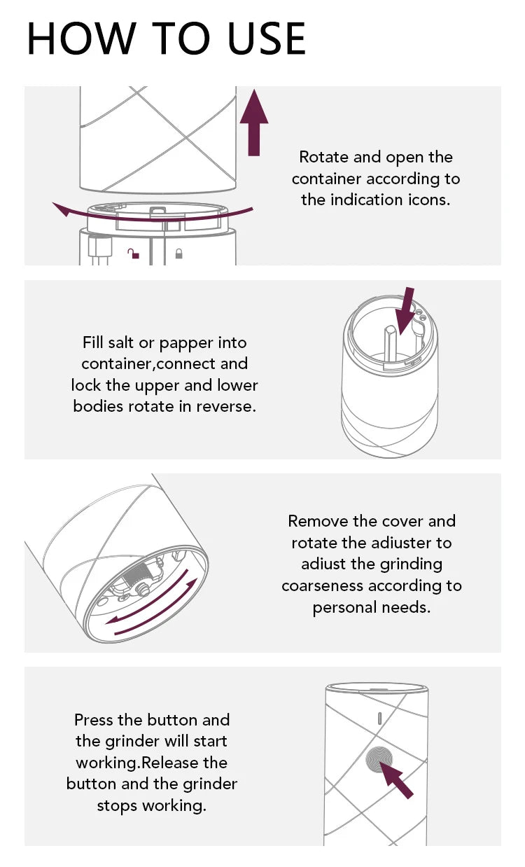 NEW Huohou Electric Grinder Pepper Seasonings Spices Grain Mill Salt Shaker LED Light 6 Modes Kitchen Cooking Tool 2pcs Set
