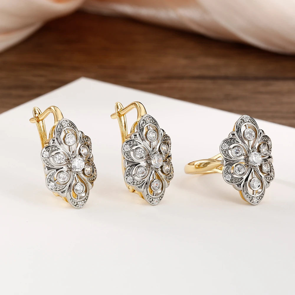 Petal design inlaid with zircon two-tone set earrings ring copper plated 14K gold retro fashion jewelry banquet holiday gift