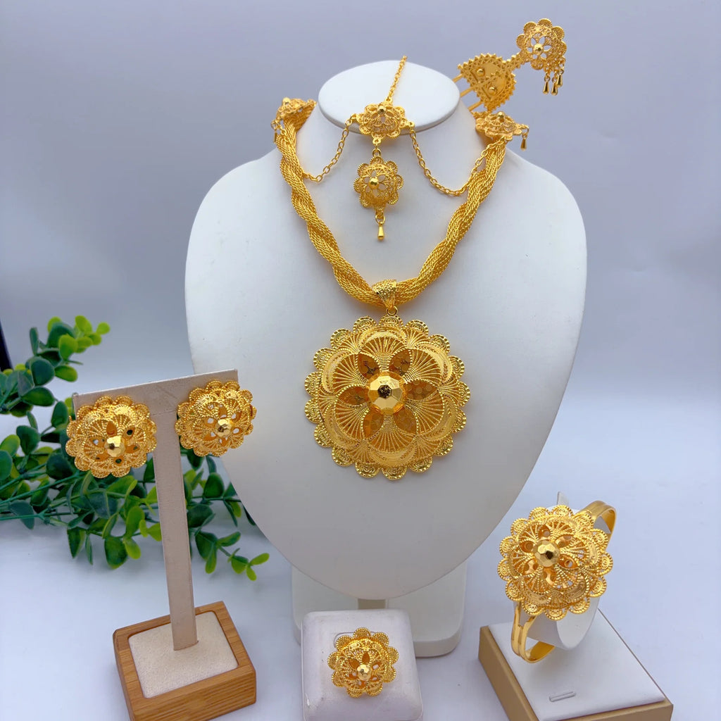 Ethiopian Dubai 24k Plated Gold 6PCS Jewelry Set For Woman African Indian Big Pendant Necklace Wedding Engagement Gifts