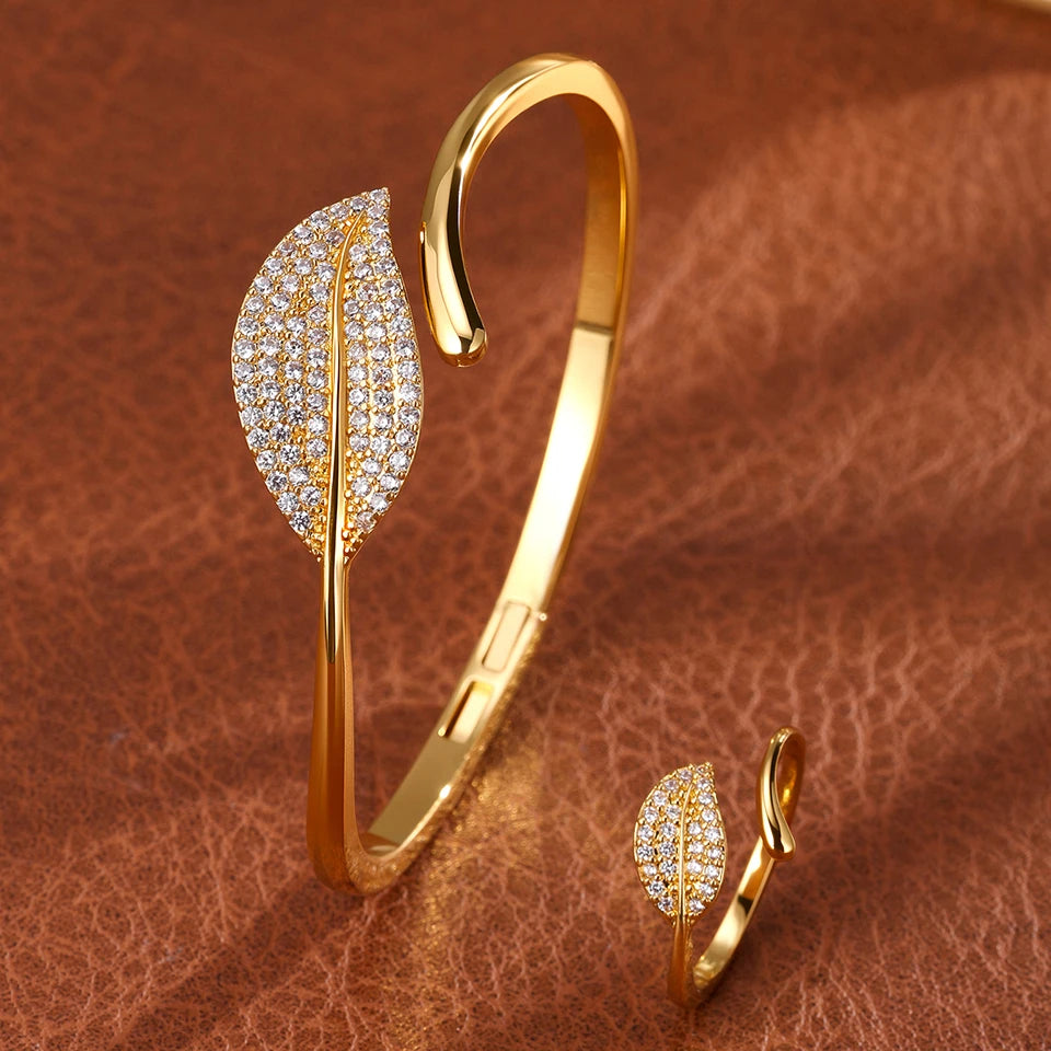 ZAKOL 9 Styles Golden Open Bracelet Ring Jewelry Set Geometric Shiny Zircon 18K Gold Plated Middle East Wedding Party Jewelry