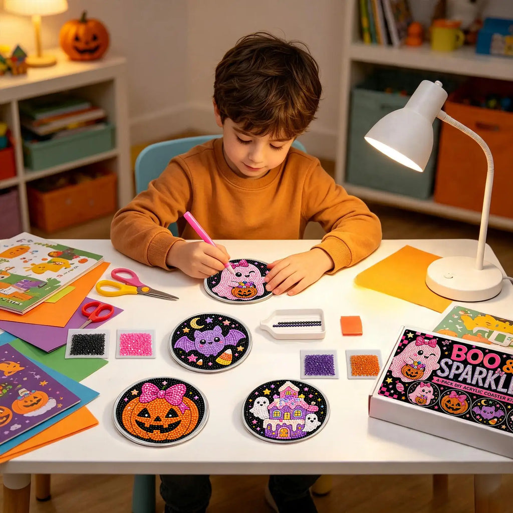 Halloween Pearl Painting Bead Kit DIY Ghost Witch Non-Slip Coaster Making Pearl Art Craft For Adults Beginners Party Holiday