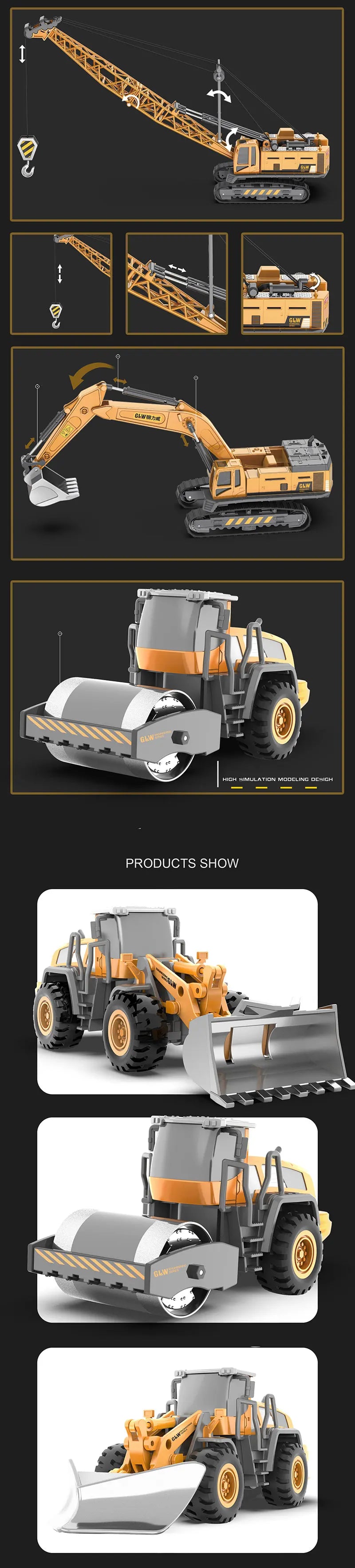 Engineering Diecast Crane Bulldozer Excavator Vehicle Construction Alloy+Plastic Tractor Inertial Model Toys for Children Boys