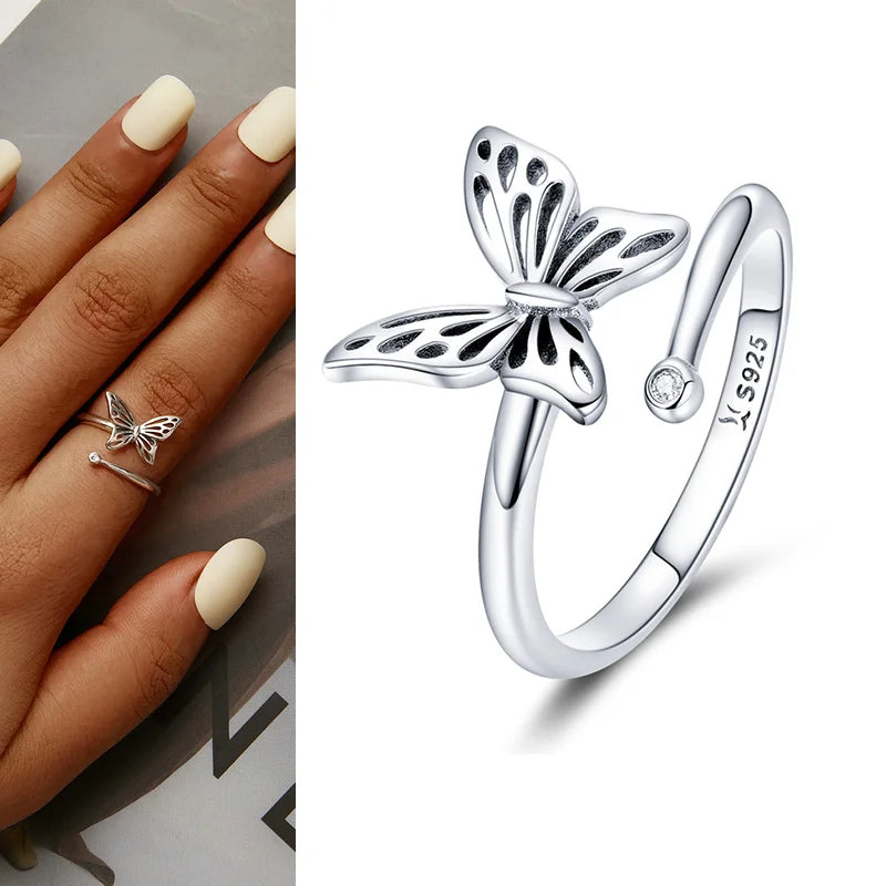 WOSTU Real 925 Sterling Silver Open Ring Finger Adjustable Size Wedding Rings For Women Engagement Fashion Silver Jewelry Gift