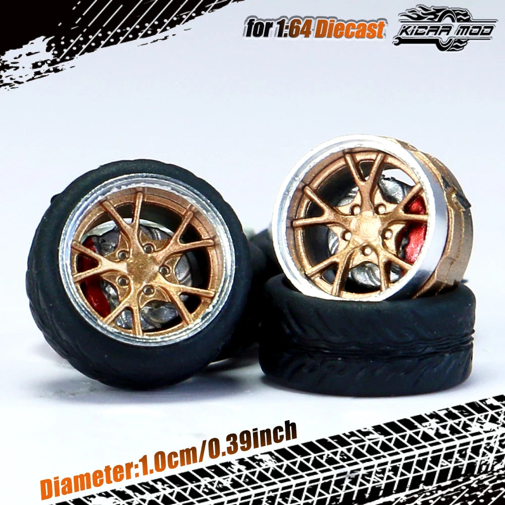 Kicarmod 1/64 Model Car ABS Wheels with Rubber Tire Brake Disc Metal Rims Diameter 10mm Refitting Parts For Model Car