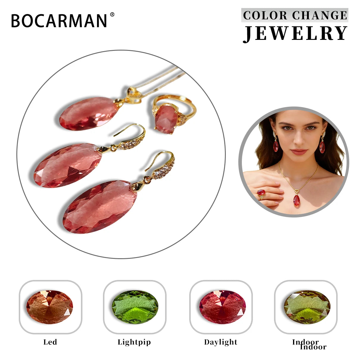 BOCARMAN Synthetic Zultanite Color Changing Pendant Necklace for Women Elongated Oval Cut Gemstone Light Sensitive Statement