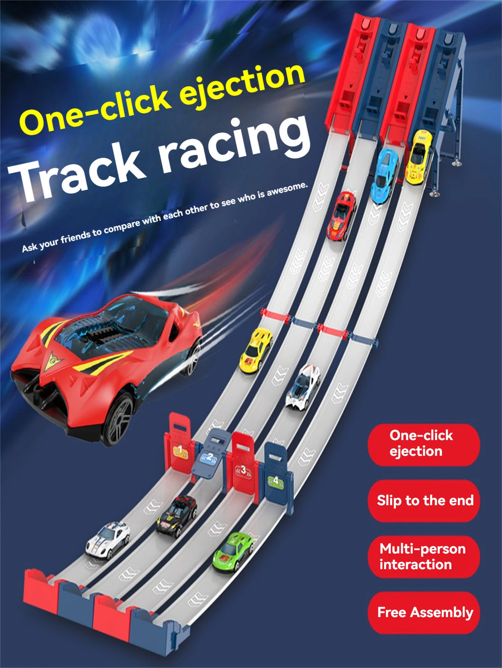 Children's catapult track car, alloy car, multiplayer competitive track car, DIY track assembly, fun toy car