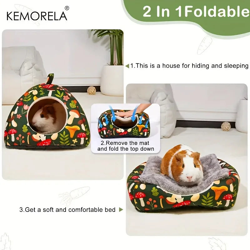 2PCS Glitter Soft Guinea Hideout & Tunnel - Washable Pet Bed with Adorable Mushroom & Flower Design for Hamster Rabbit Small Pet