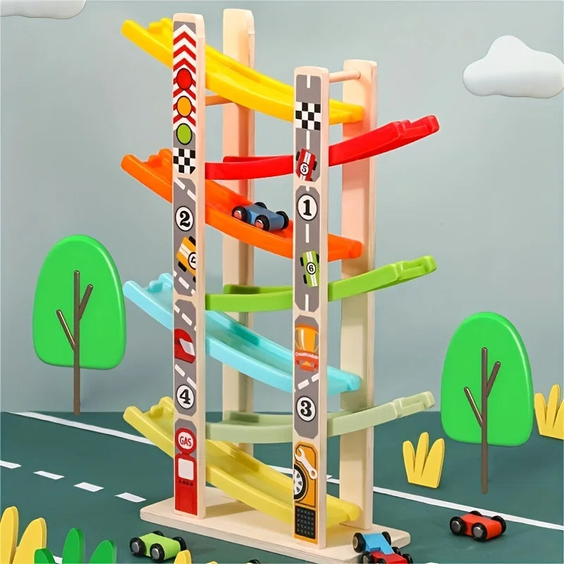 Children's Educational Track 4-Layer Wooden Gliding Car Coasting Racing Car Slide Racing Fun Track Car Educational Toy