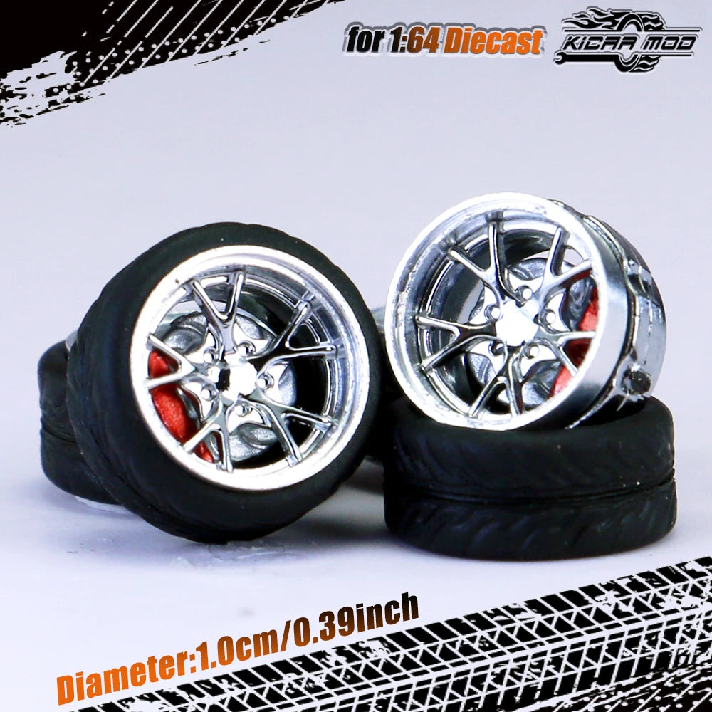 Kicarmod 1/64 Model Car ABS Wheels with Rubber Tire Brake Disc Metal Rims Diameter 10mm Refitting Parts For Model Car
