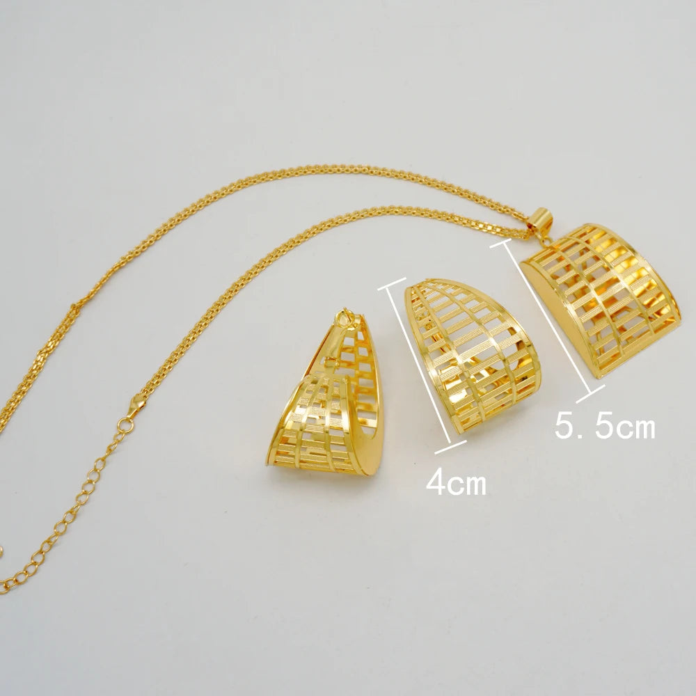 Fashion Dubai Jewelry Sets Gold Color Pendant Copper Classic Earrings Necklace For Women Daily Wear Party Anniversary Gifts