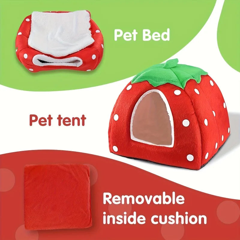 All-Season Removable and Washable Guinea Pig Rabbit Small Pet Warm Hideout VillaType Semi-Enclosed Strawberry Nest Small Pet Bed