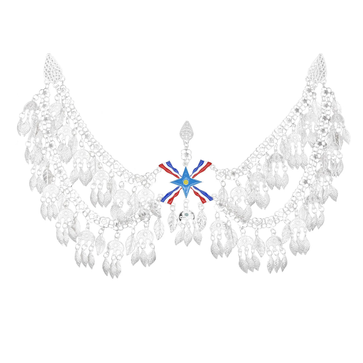 Silver Plated Assyrian Belt Hair Accessories Earrings for Women Kurdish Assyria Ethnic Colorful Flag Leaf Tassel Jewelry Sets
