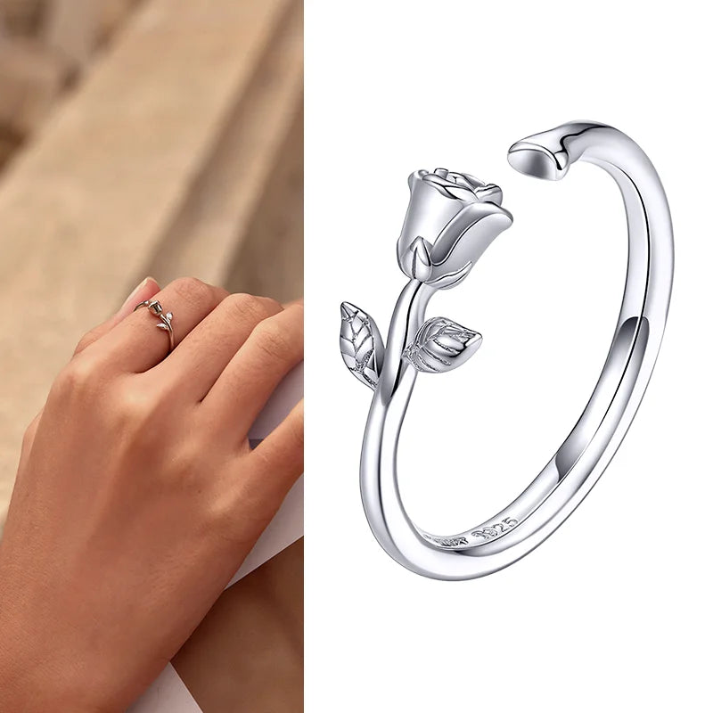 WOSTU Real 925 Sterling Silver Open Ring Finger Adjustable Size Wedding Rings For Women Engagement Fashion Silver Jewelry Gift