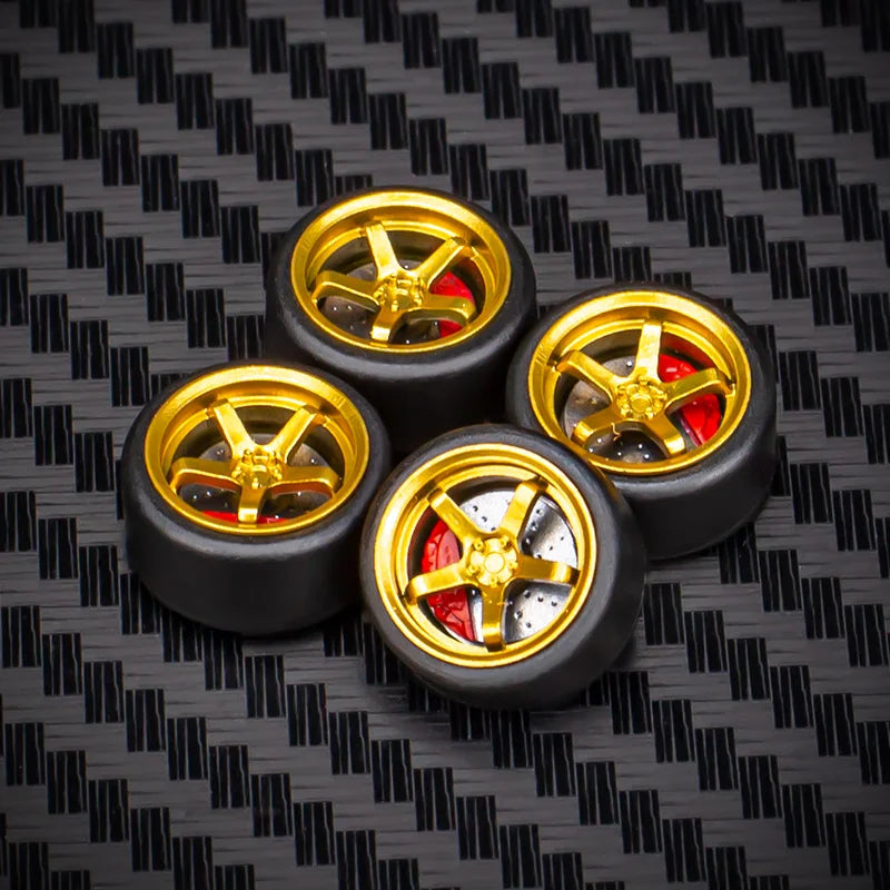 1/64 Car Model Bearing Wheels 9.8mm 10.8mm Rubber Tires W Brake Disc Caliper Axles Modify Spare Parts for 1:64 Cars